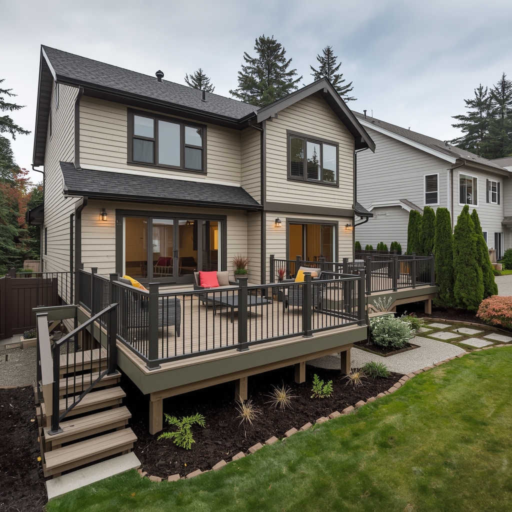 Finished wood deck with clean railings and usable outdoor space